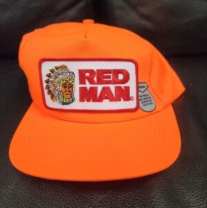 Vtg Red Man Chewing Tobacco Patch Canvas Snapback Trucker Hat Orange USA